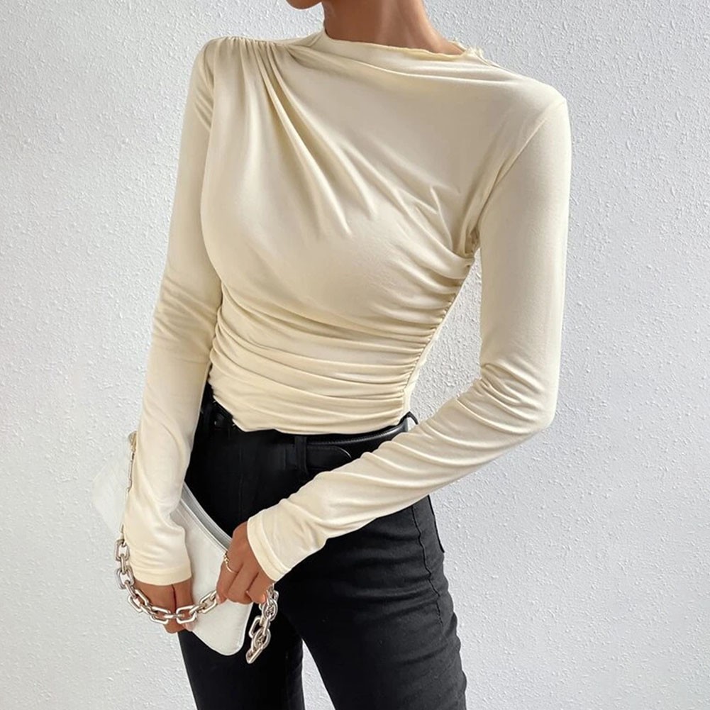 13) Women's Pleated Top with Half High Collar Slim Fit Long Sleeve T shirt - Picture 24 of 49