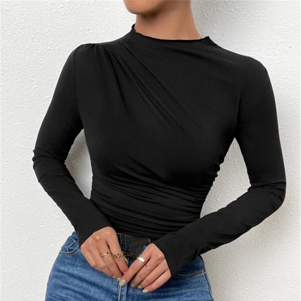 13) Women's Pleated Top with Half High Collar Slim Fit Long Sleeve T shirt - Picture 39 of 49