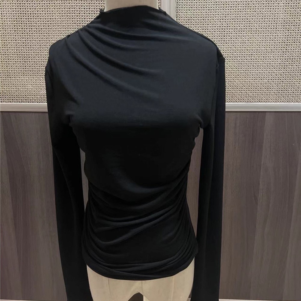 13) Women's Pleated Top with Half High Collar Slim Fit Long Sleeve T shirt - Picture 35 of 49