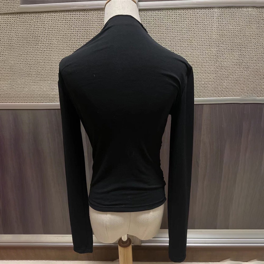 13) Women's Pleated Top with Half High Collar Slim Fit Long Sleeve T shirt - Picture 32 of 49