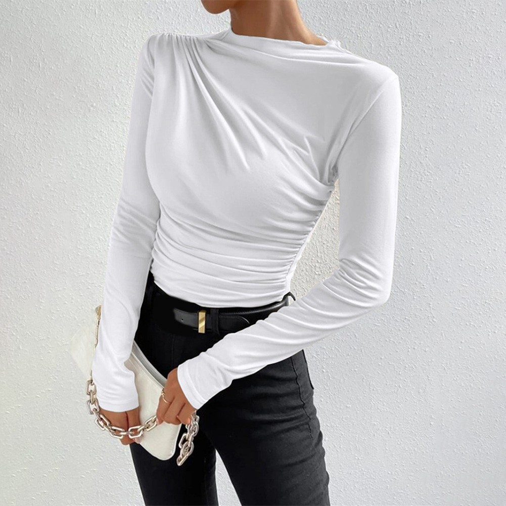 13) Women's Pleated Top with Half High Collar Slim Fit Long Sleeve T shirt - Picture 41 of 49