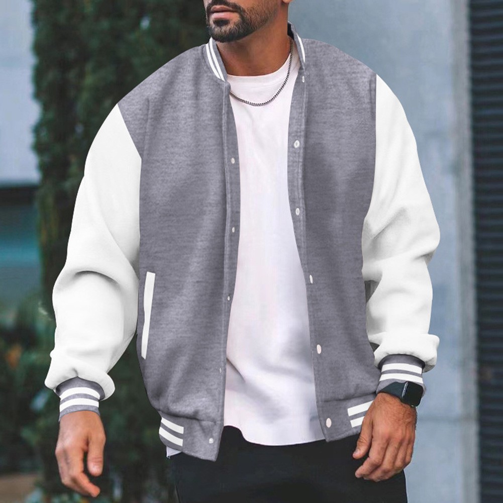 Trendy Splicing Coat for Men's Thin Fleece Baseball Jacket University Varsity - Picture 22 of 60