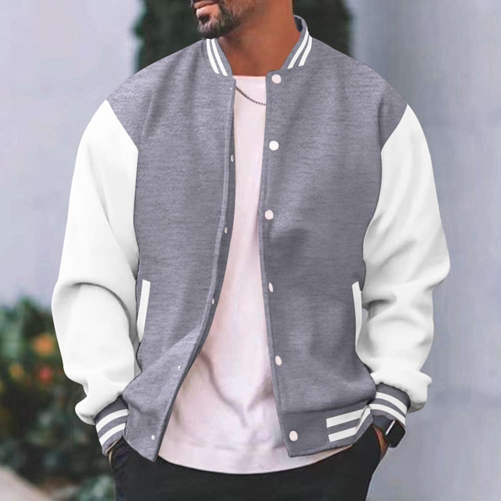 Trendy Splicing Coat for Men's Thin Fleece Baseball Jacket University Varsity - Picture 21 of 60