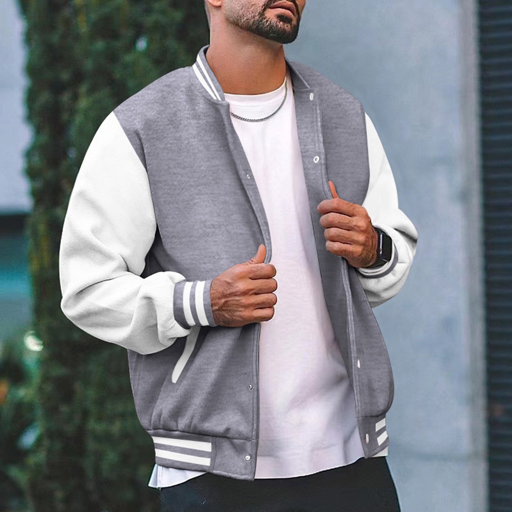 Trendy Splicing Coat for Men's Thin Fleece Baseball Jacket University Varsity - Picture 25 of 60
