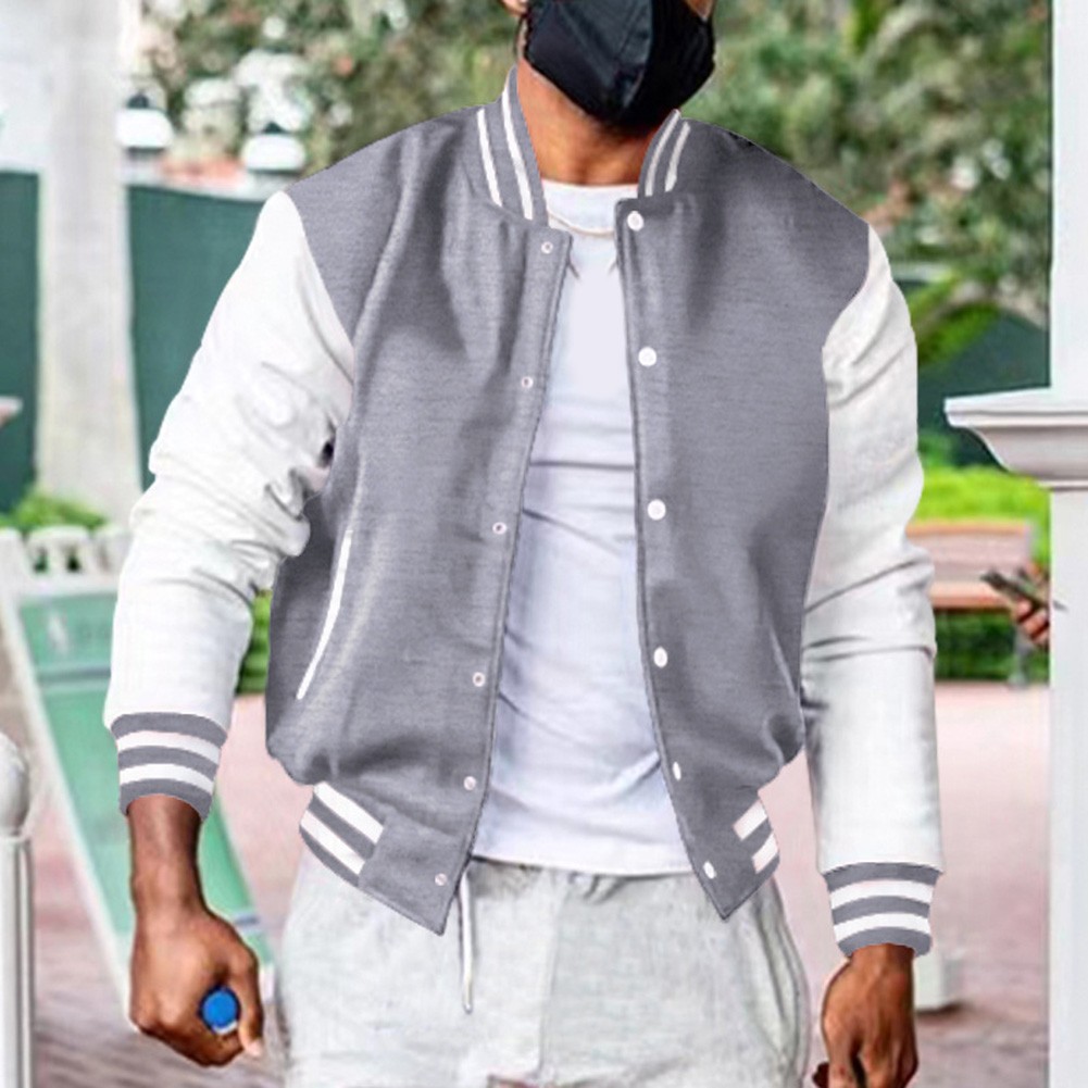 Trendy Splicing Coat for Men's Thin Fleece Baseball Jacket University Varsity - Picture 23 of 60