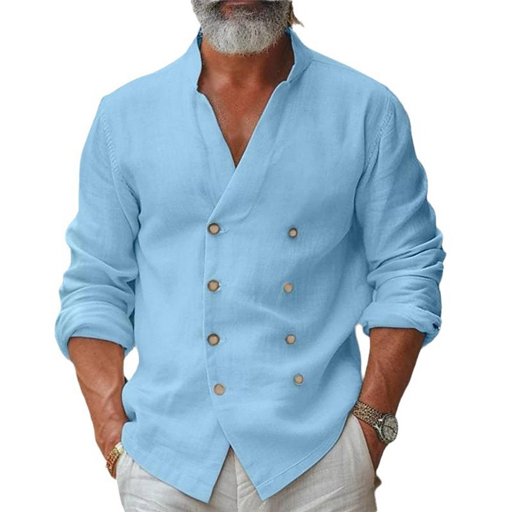 Men's Fashionable Long Sleeve Shirt with Stand Collar and Cardigan Style - Picture 14 of 15