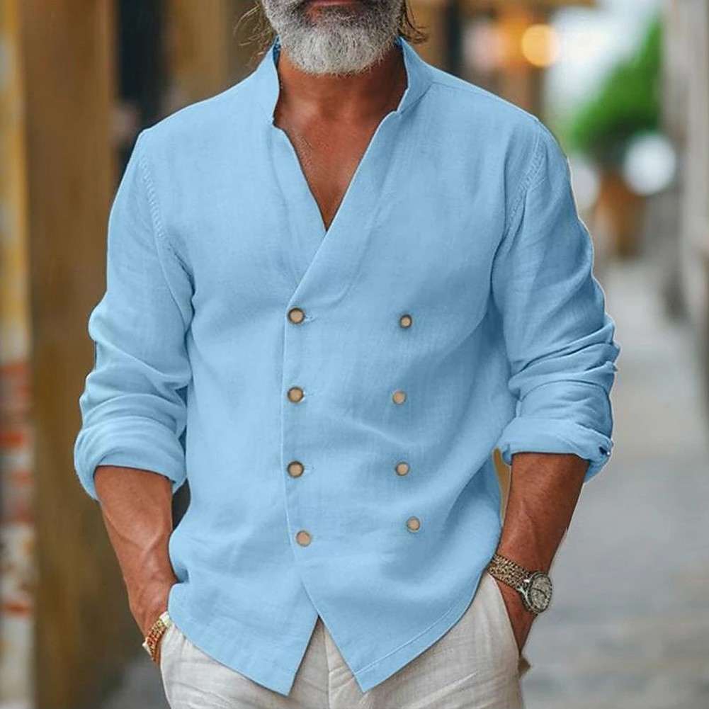 Men's Fashionable Long Sleeve Shirt with Stand Collar and Cardigan Style - Picture 13 of 15