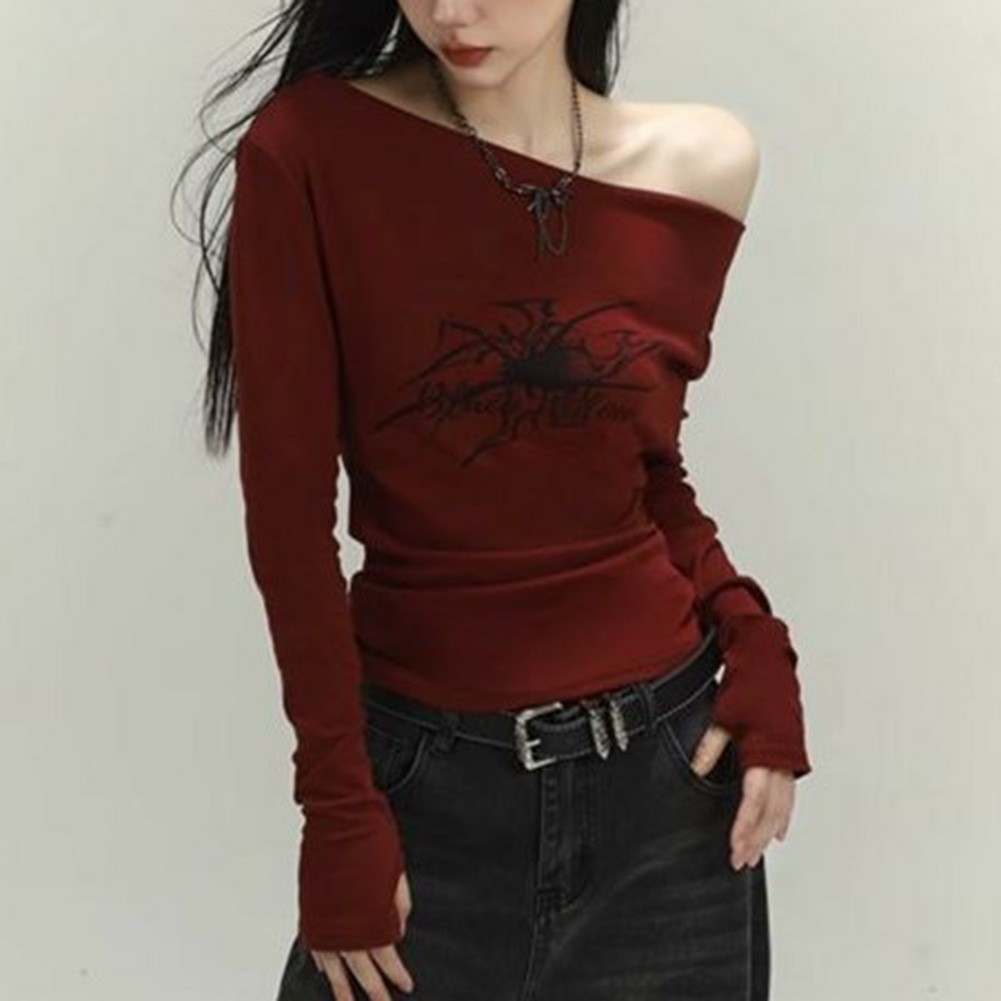 Red Long Sleeve Off Shoulder T Shirt with Gothic Spider Print for Women - Picture 33 of 36