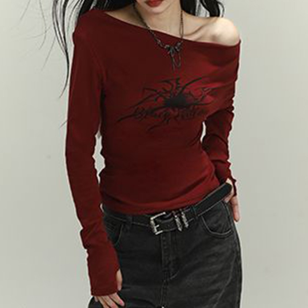 Red Long Sleeve Off Shoulder T Shirt with Gothic Spider Print for Women - Picture 30 of 36