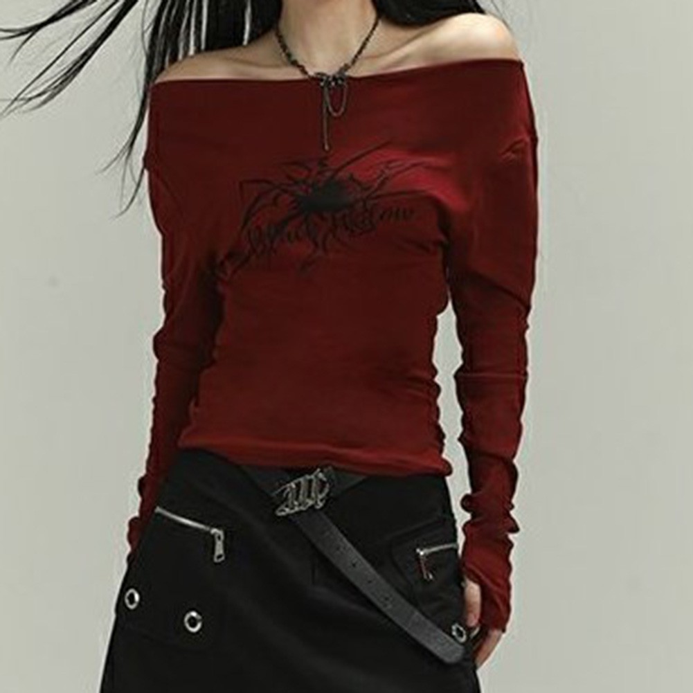 Red Long Sleeve Off Shoulder T Shirt with Gothic Spider Print for Women - Picture 34 of 36