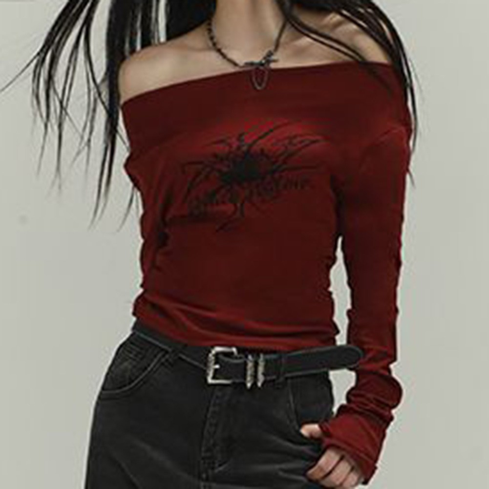 Red Long Sleeve Off Shoulder T Shirt with Gothic Spider Print for Women - Picture 28 of 36