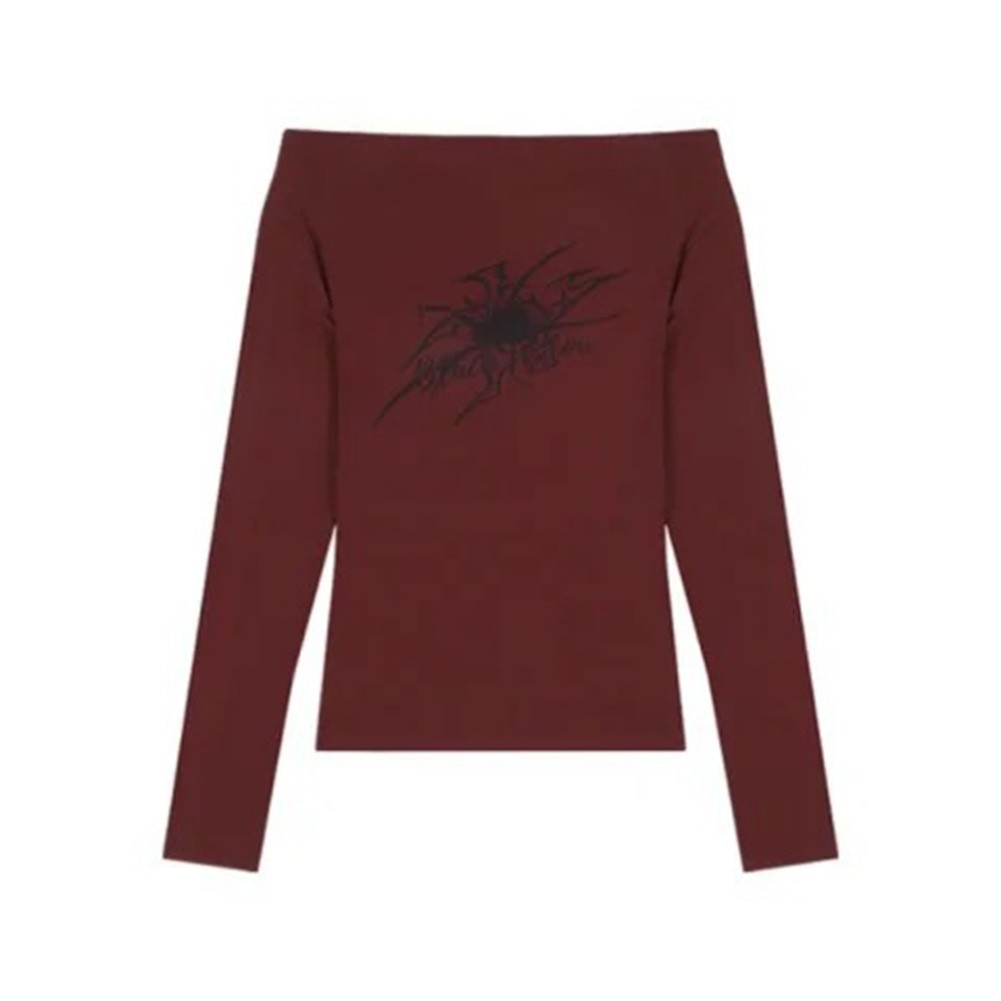 Red Long Sleeve Off Shoulder T Shirt with Gothic Spider Print for Women - Picture 27 of 36