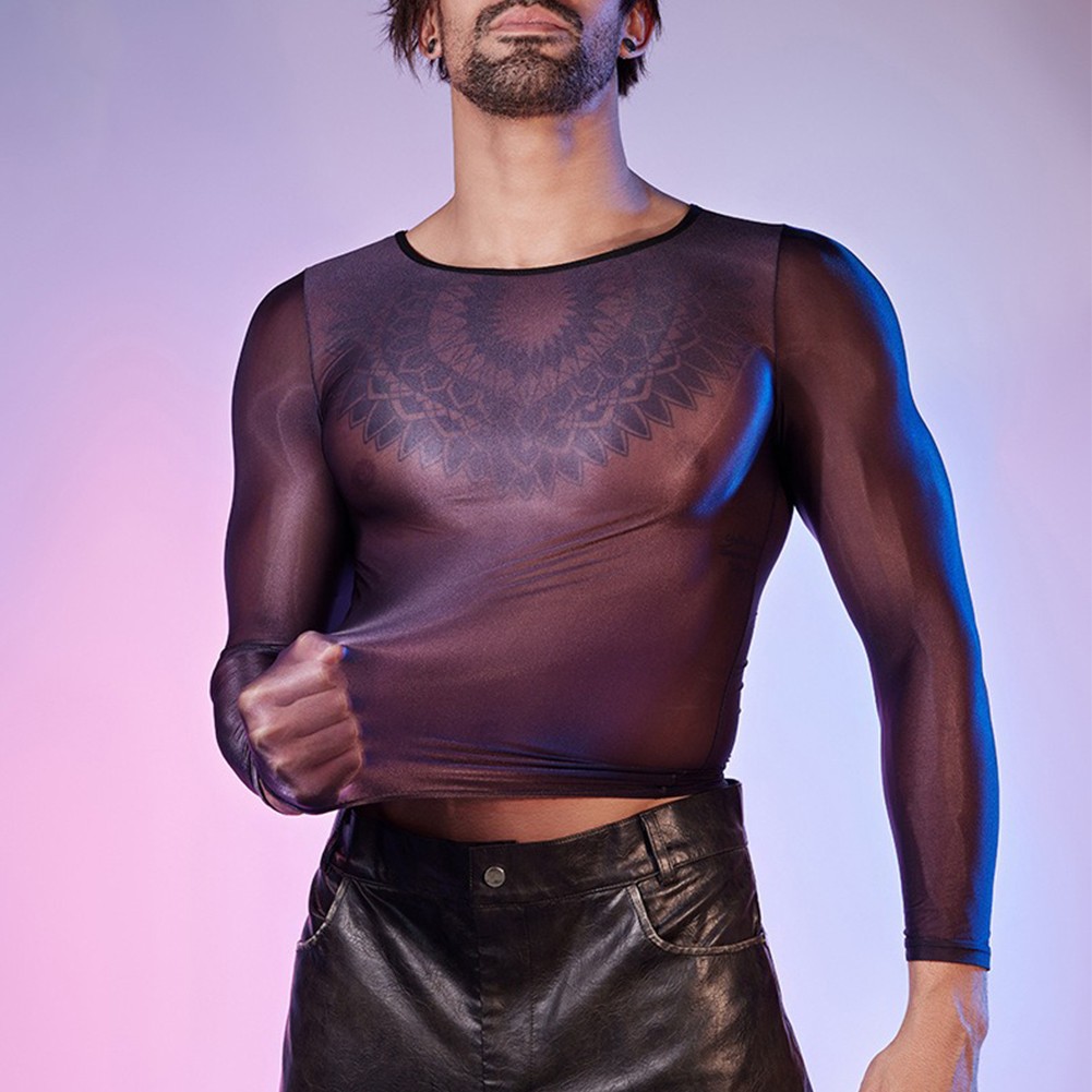 See Through Men's Sheer Tights Oil Shiny Long Sleeve Top O Neck Sexy Lingerie - Picture 32 of 41