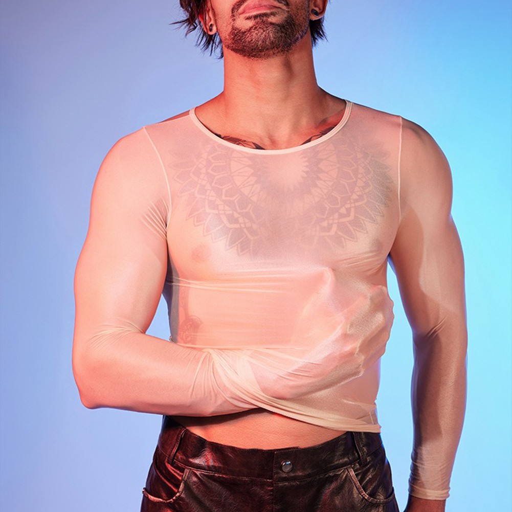 See Through Men's Sheer Tights Oil Shiny Long Sleeve Top O Neck Sexy Lingerie - Picture 34 of 41