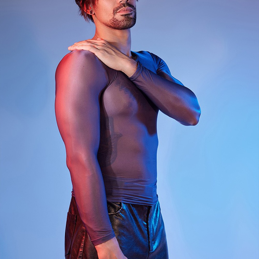 See Through Men's Sheer Tights Oil Shiny Long Sleeve Top O Neck Sexy Lingerie - Picture 30 of 41