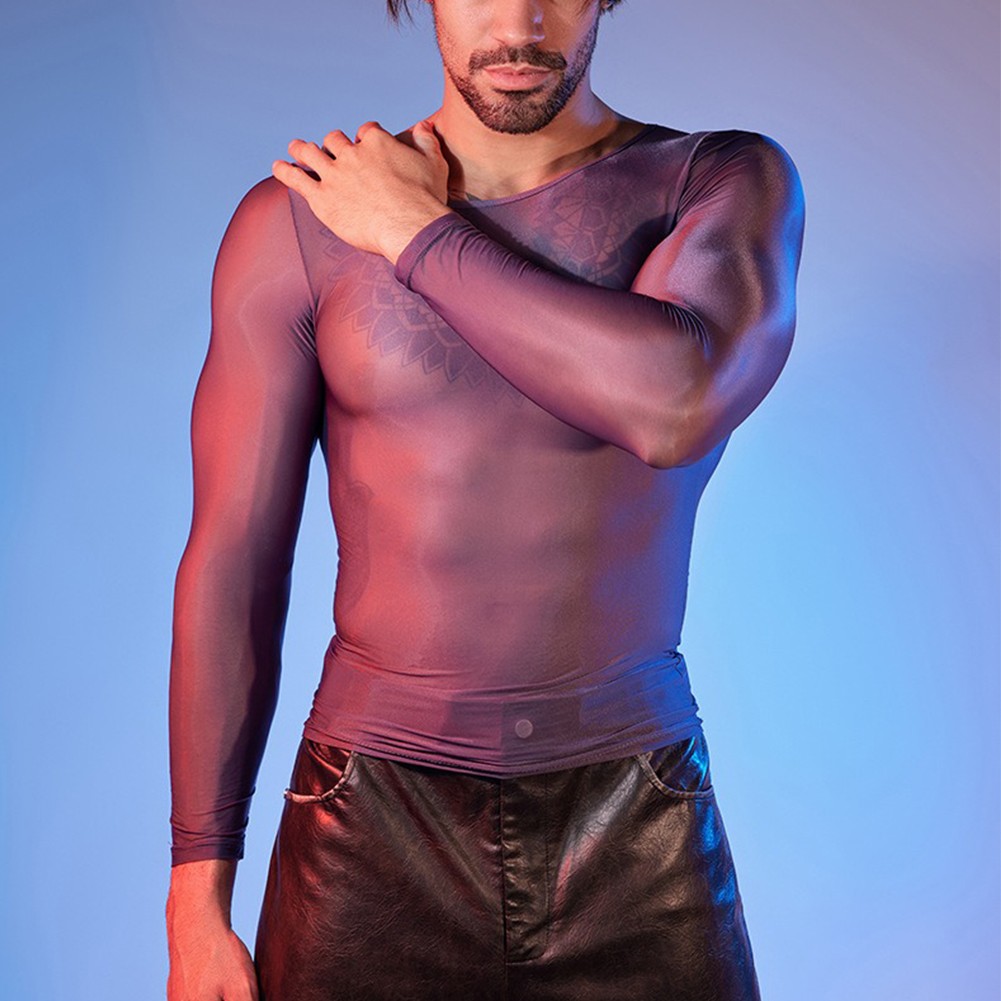 See Through Men's Sheer Tights Oil Shiny Long Sleeve Top O Neck Sexy Lingerie - Picture 27 of 41