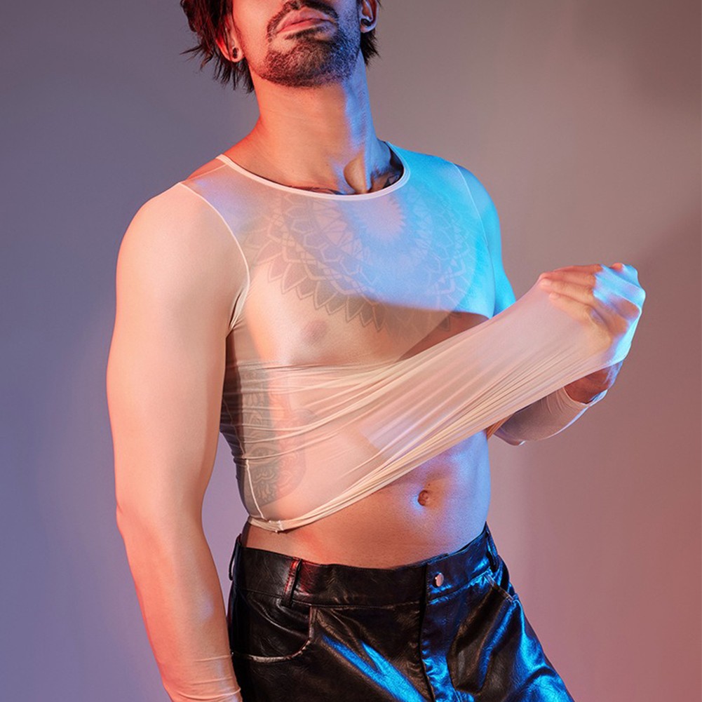 See Through Men's Sheer Tights Oil Shiny Long Sleeve Top O Neck Sexy Lingerie - Picture 35 of 41