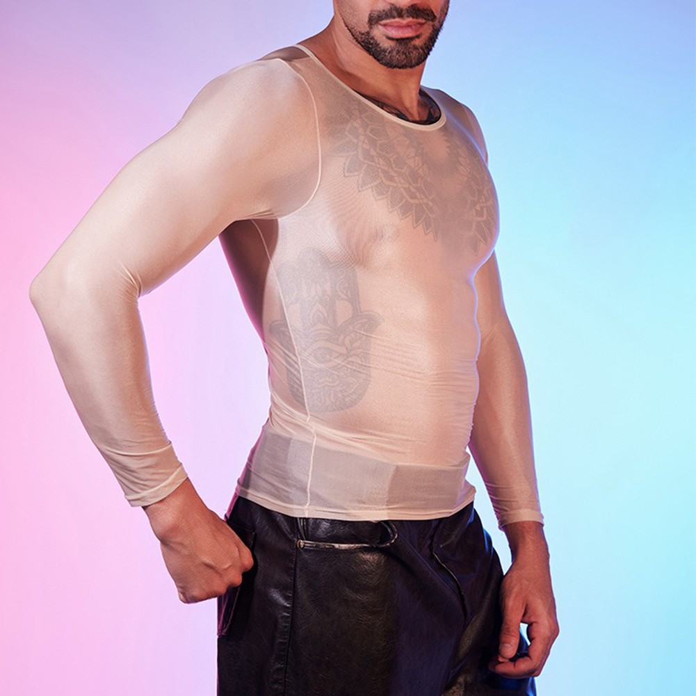 See Through Men's Sheer Tights Oil Shiny Long Sleeve Top O Neck Sexy Lingerie - Picture 41 of 41