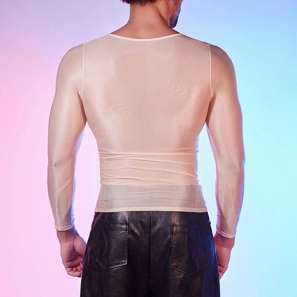 See Through Men's Sheer Tights Oil Shiny Long Sleeve Top O Neck Sexy Lingerie - Picture 40 of 41