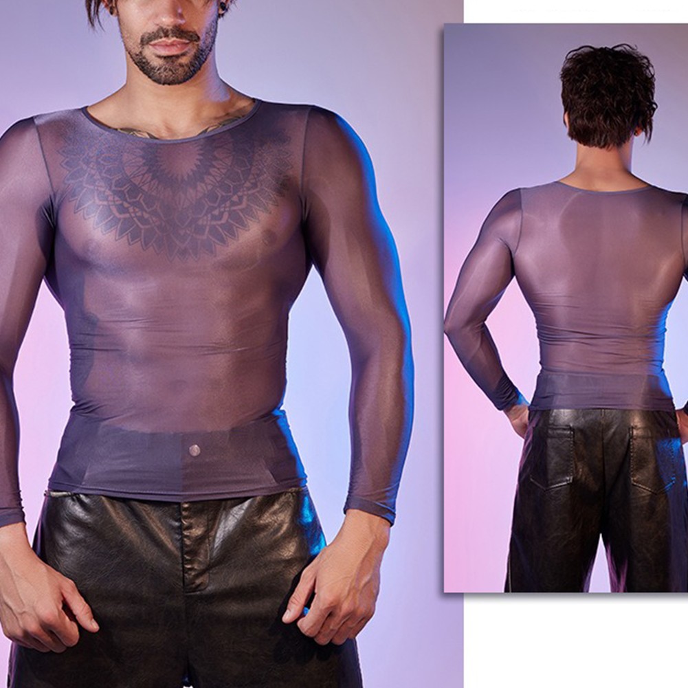 See Through Men's Sheer Tights Oil Shiny Long Sleeve Top O Neck Sexy Lingerie - Picture 29 of 41