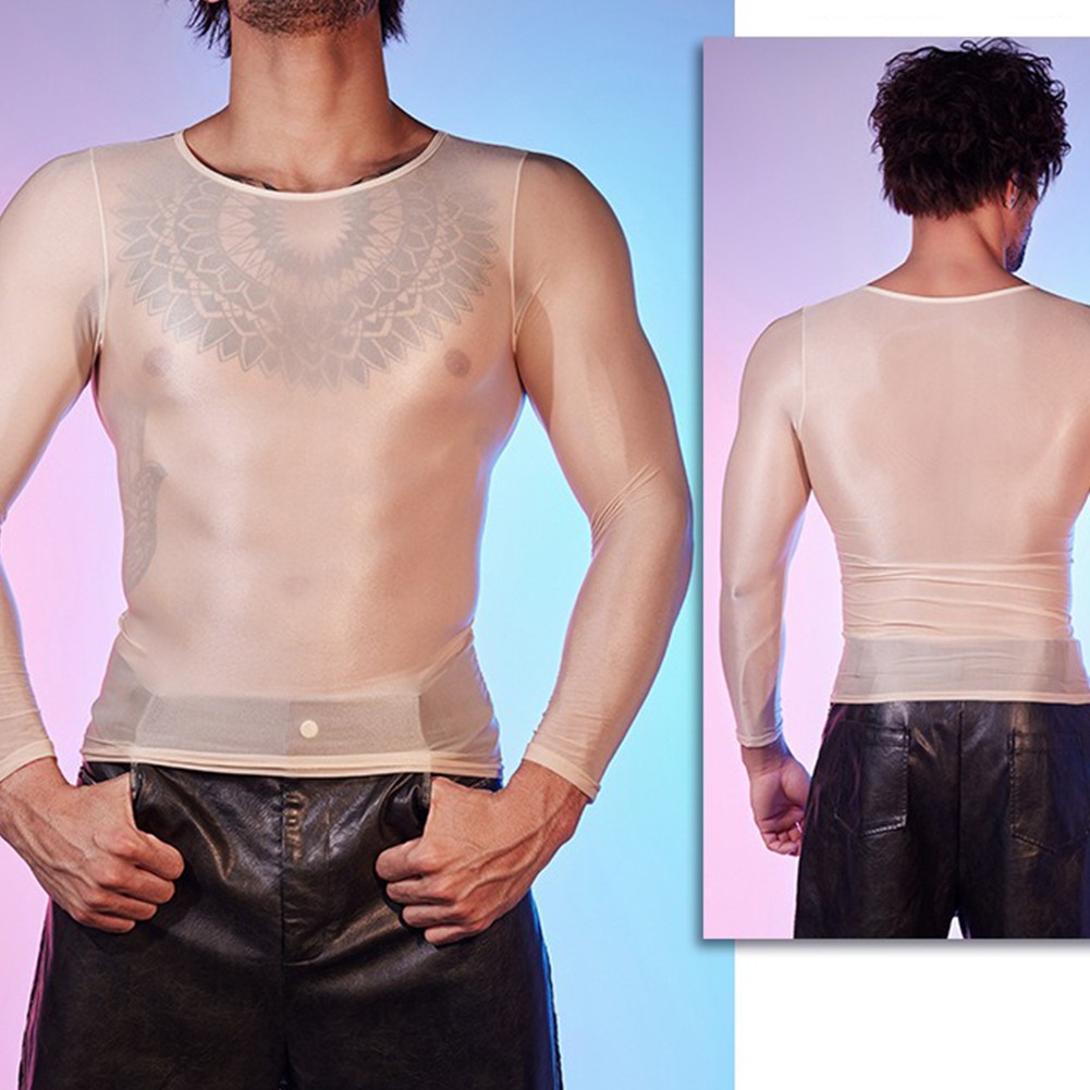 See Through Men's Sheer Tights Oil Shiny Long Sleeve Top O Neck Sexy Lingerie - Picture 38 of 41