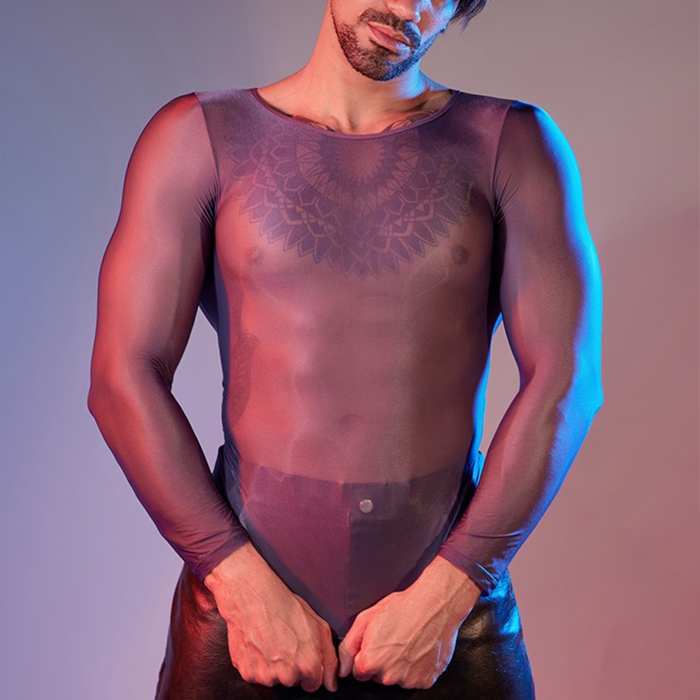 See Through Men's Sheer Tights Oil Shiny Long Sleeve Top O Neck Sexy Lingerie - Picture 31 of 41