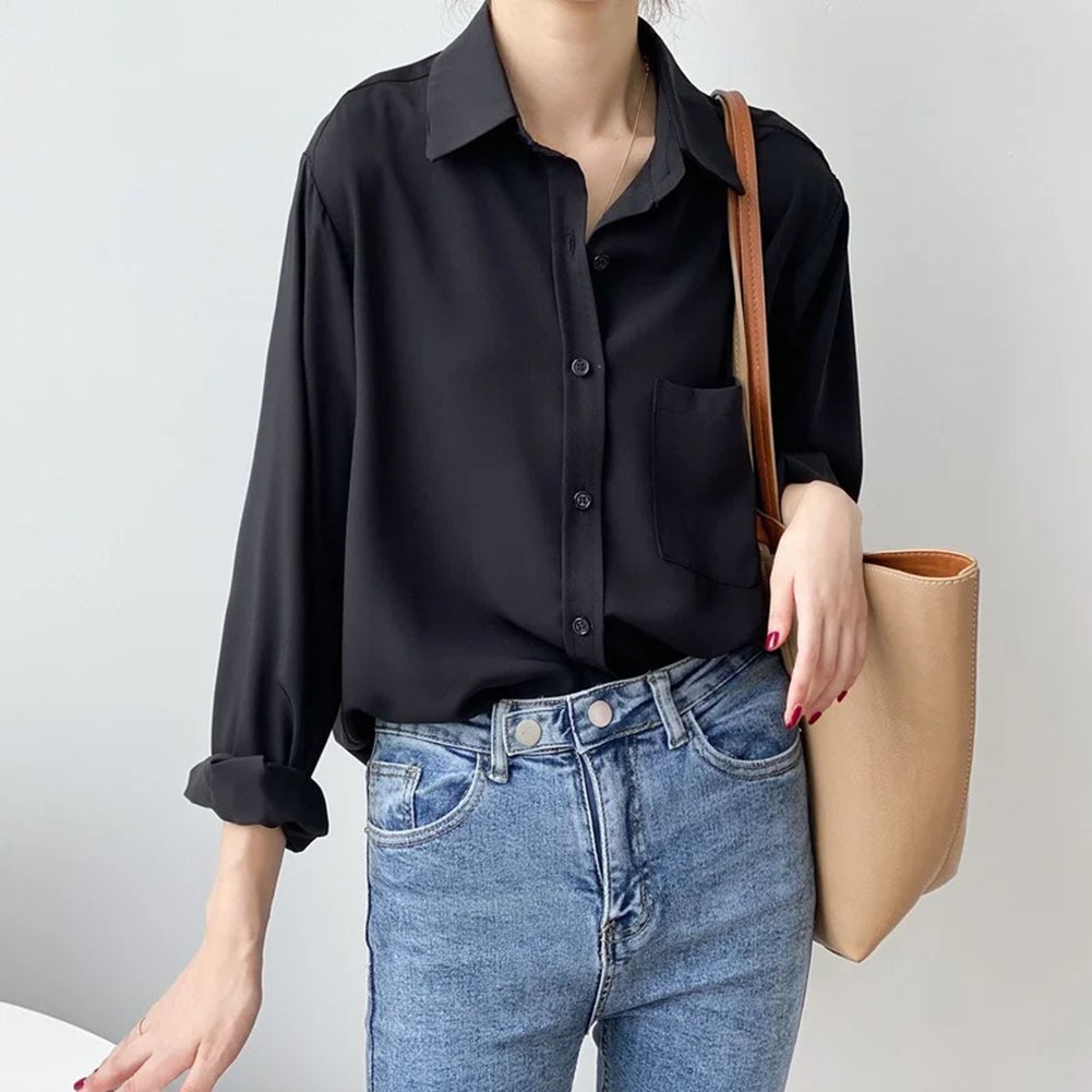 Vintage lockere Bluse für Damen in Unifarben Langarm Frühlingsmode - Bild 13 von 42