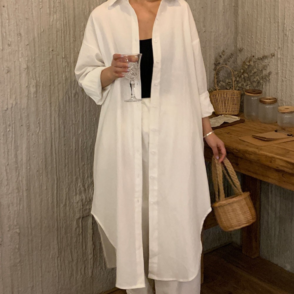 Women Spring Sunscreen Blouse Dress Light Blue Loose Long Sleeve Shirt Dress - Picture 33 of 90