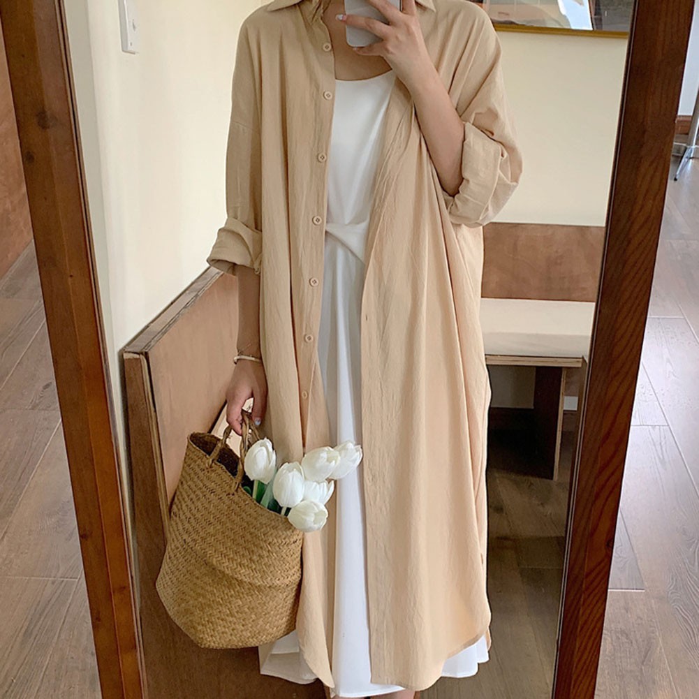 Women Spring Sunscreen Blouse Dress Light Blue Loose Long Sleeve Shirt Dress - Picture 68 of 90