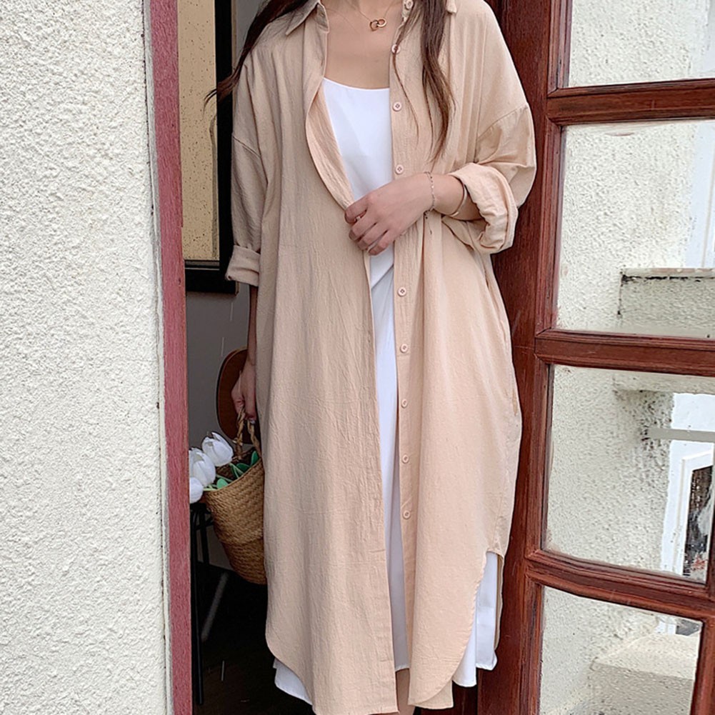 Women Spring Sunscreen Blouse Dress Light Blue Loose Long Sleeve Shirt Dress - Picture 70 of 90