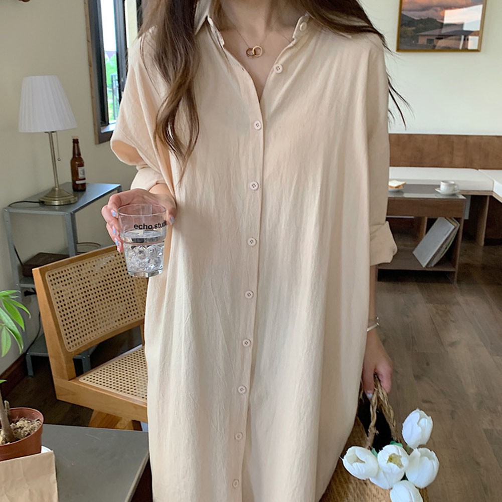 Women Spring Sunscreen Blouse Dress Light Blue Loose Long Sleeve Shirt Dress - Picture 69 of 90