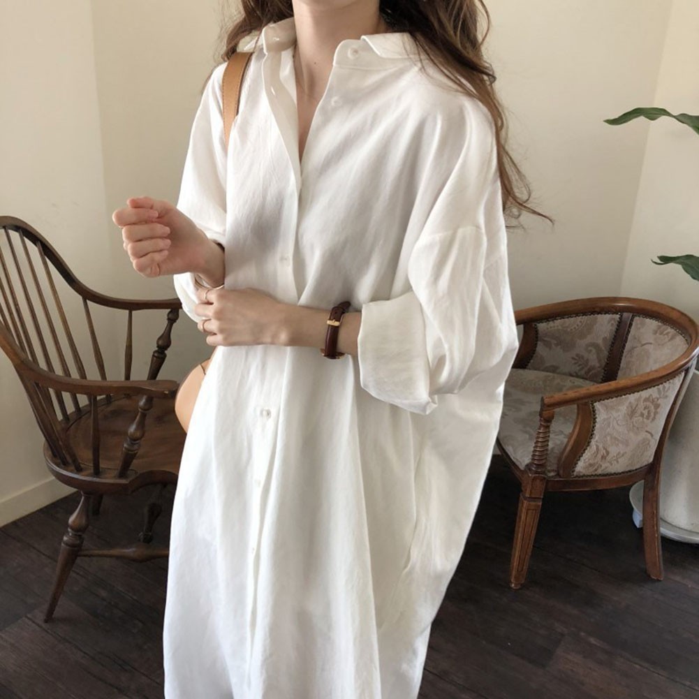 Women Spring Sunscreen Blouse Dress Light Blue Loose Long Sleeve Shirt Dress - Picture 26 of 90