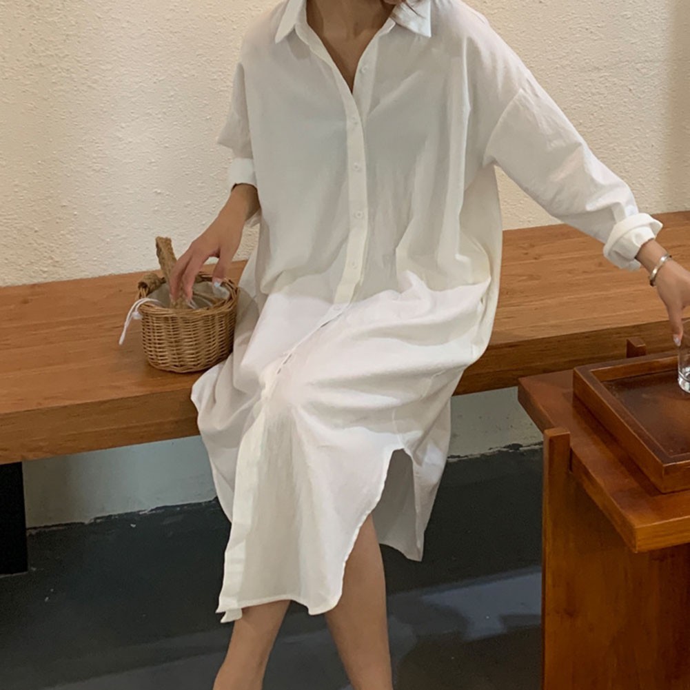 Green Loose Long Sleeve Shirt Dress Women Spring Sunscreen Blouse Dress Casual - Picture 30 of 90
