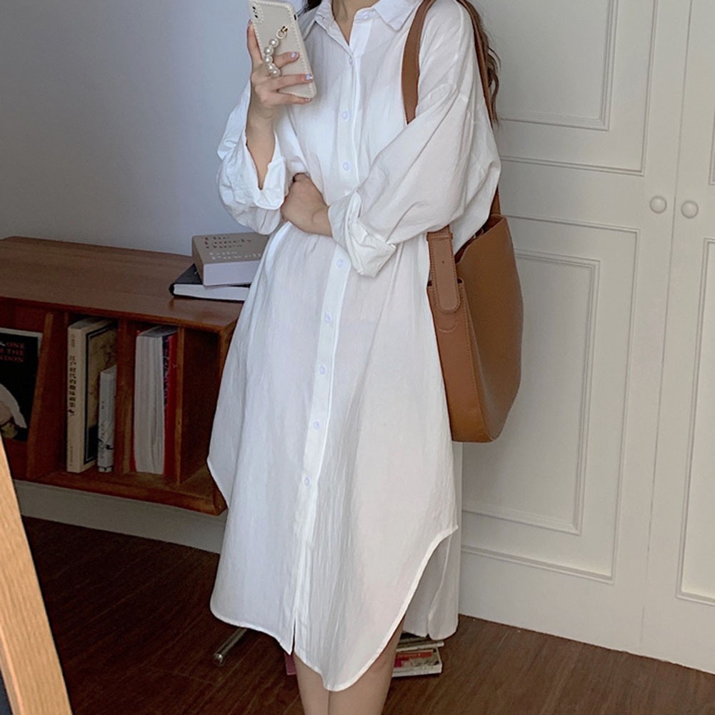 Women Spring Sunscreen Blouse Dress Light Blue Loose Long Sleeve Shirt Dress - Picture 25 of 90
