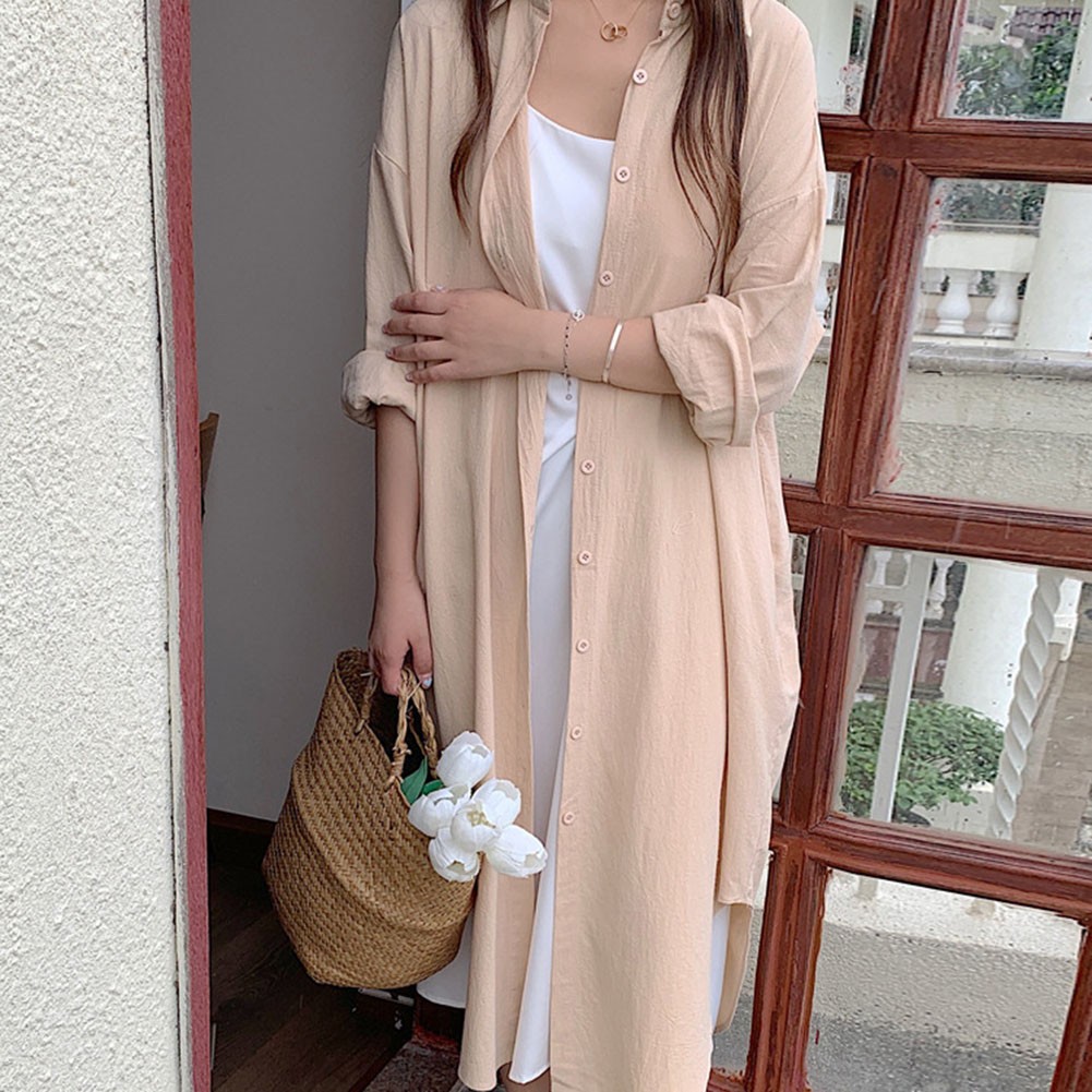 Women Spring Sunscreen Blouse Dress Light Blue Loose Long Sleeve Shirt Dress - Picture 71 of 90