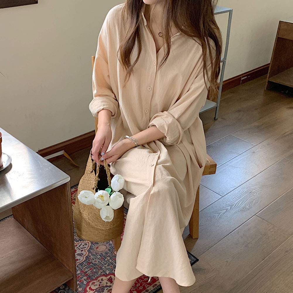 Women Spring Sunscreen Blouse Dress Light Blue Loose Long Sleeve Shirt Dress - Picture 73 of 90