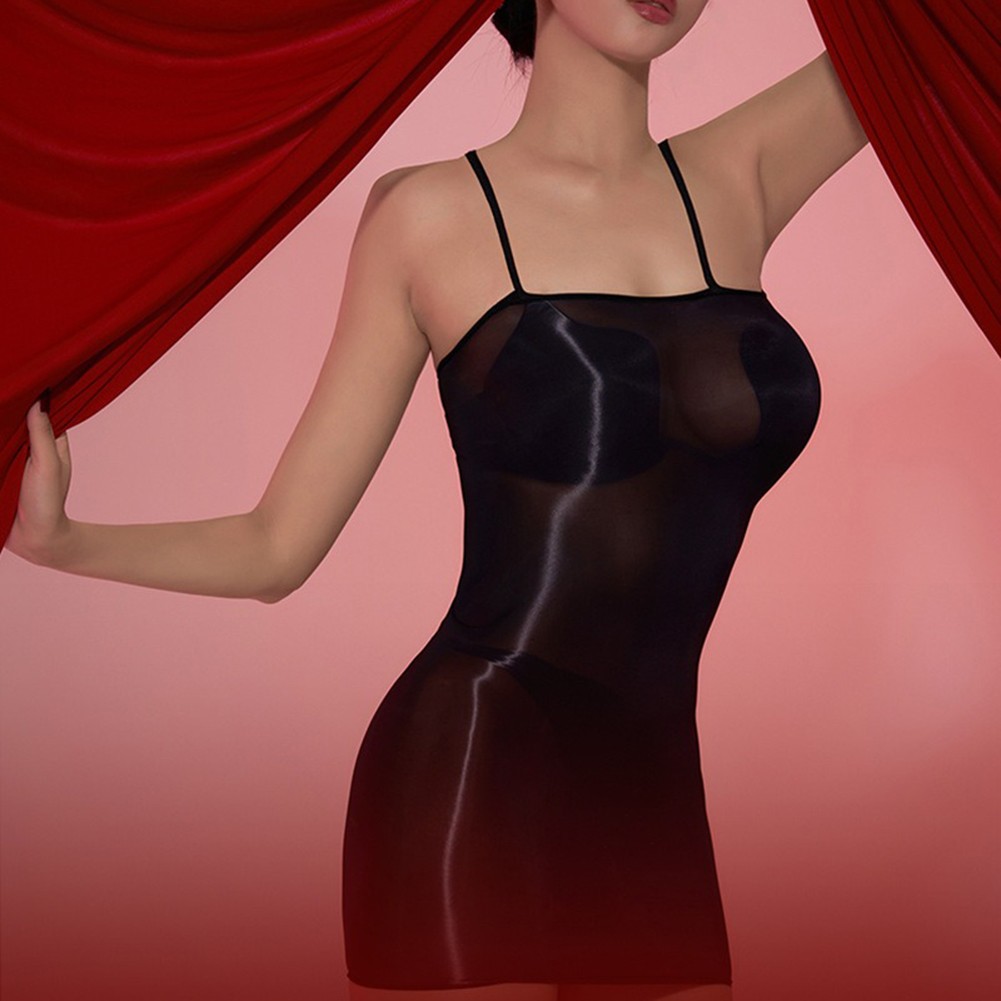 Oily Shiny Women's Dress Featuring a Sleek Sheer Suspender Skirt Design - Picture 15 of 34