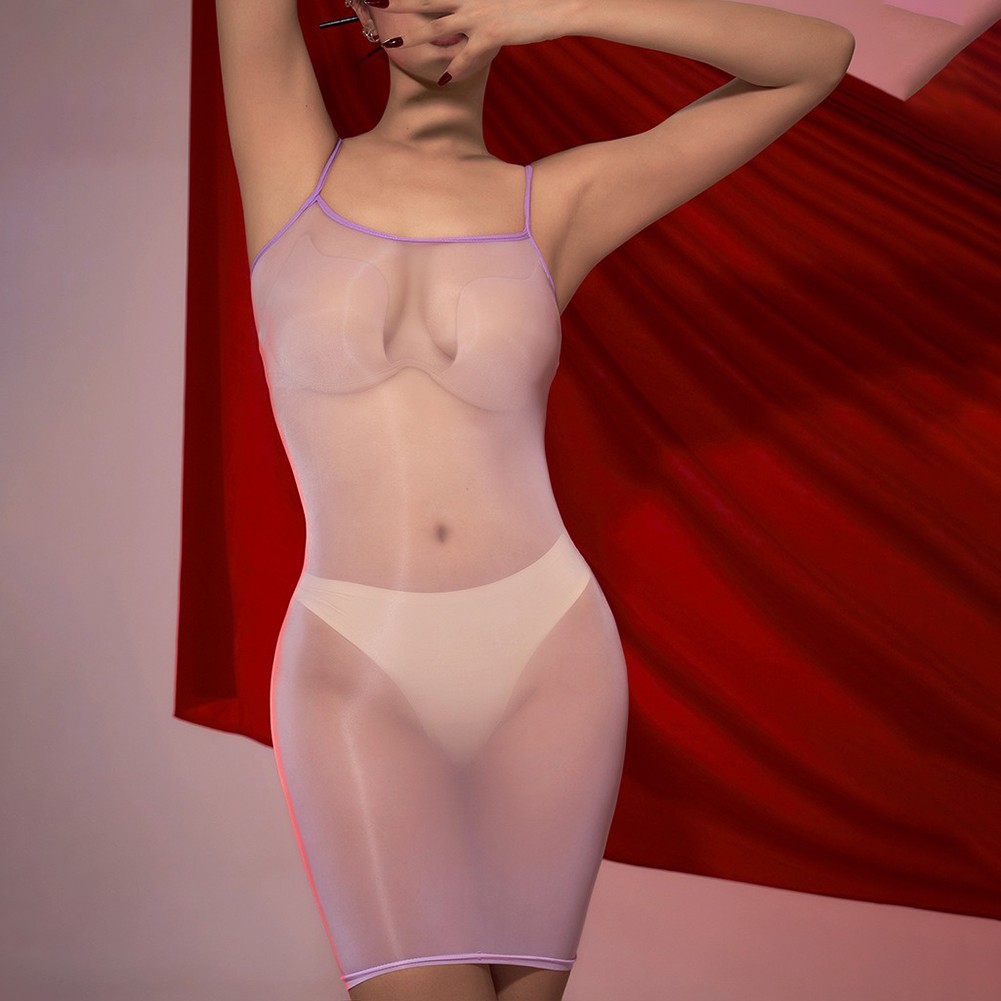 Oily Shiny Women's Dress Featuring a Sleek Sheer Suspender Skirt Design - Picture 34 of 34