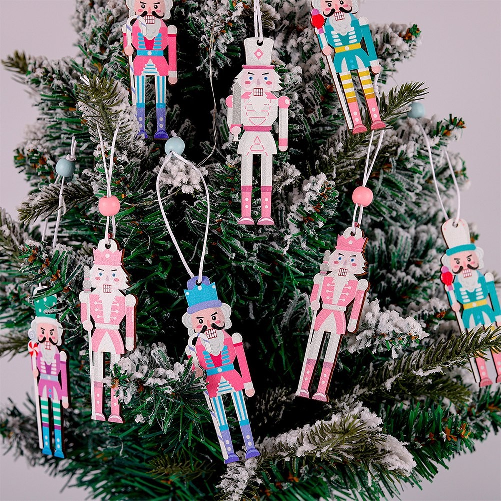 Set of 8 Christmas Nutcracker Wooden Party Pendants Macaron Pink 3 54IN