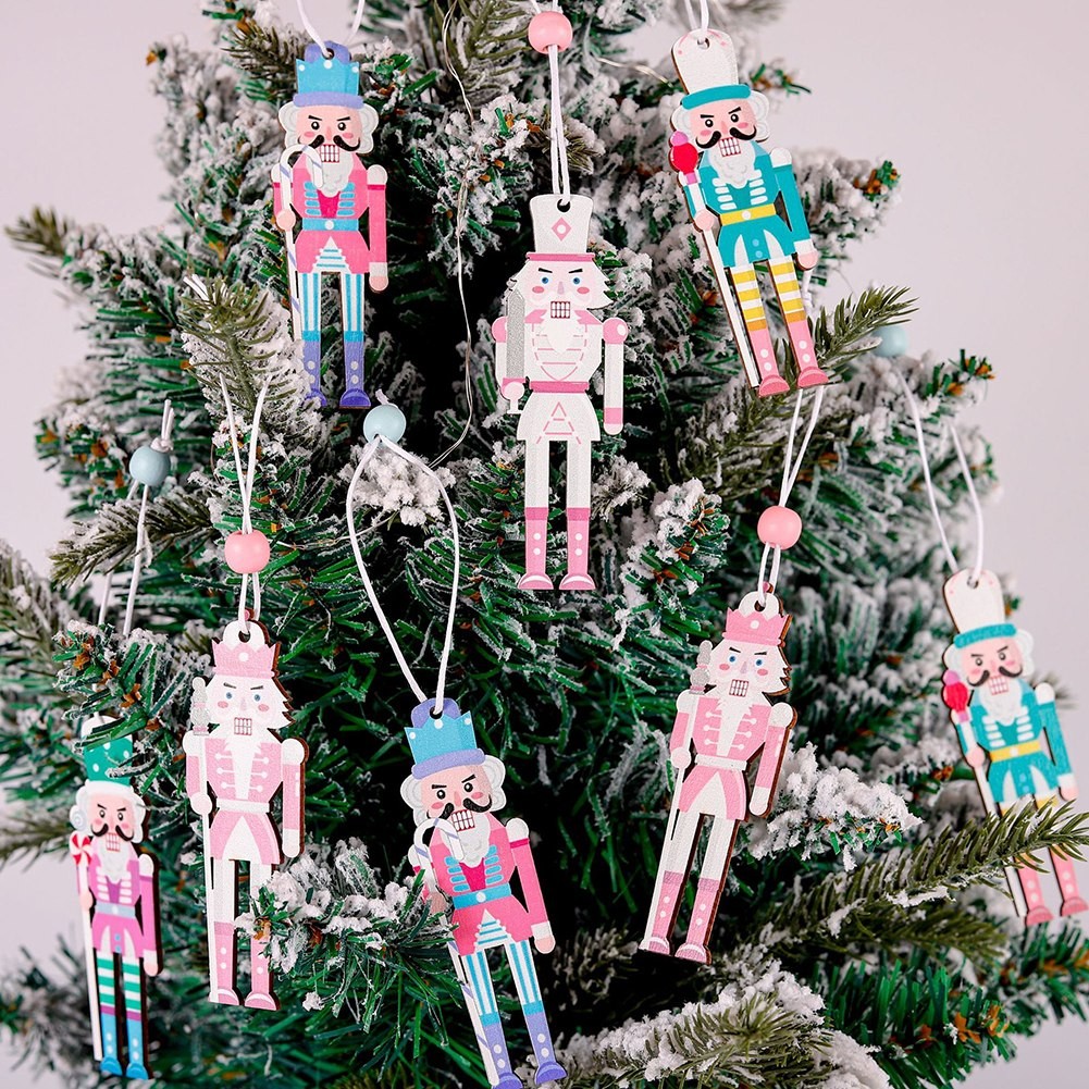 Set of 8 Christmas Nutcracker Wooden Party Pendants Macaron Pink 3 54IN