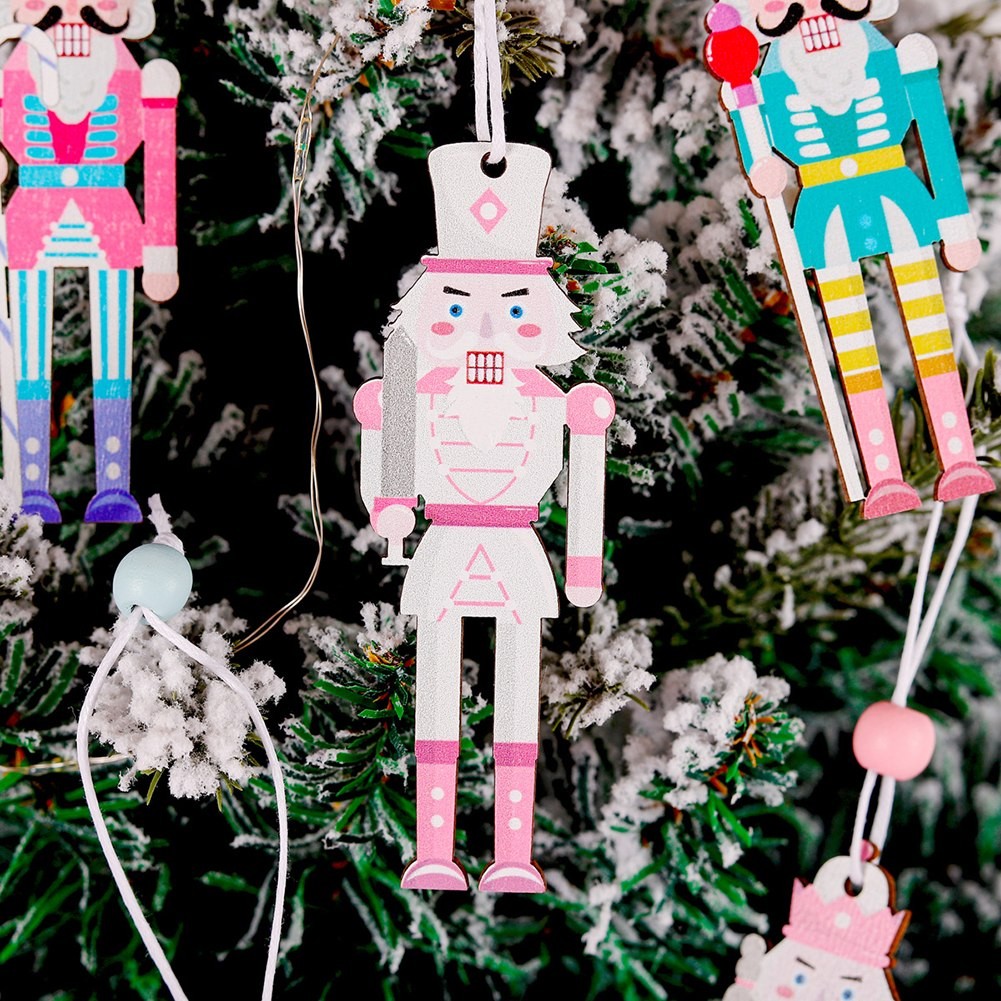 Set of 8 Christmas Nutcracker Wooden Party Pendants Macaron Pink 3 54IN