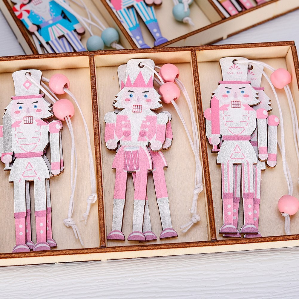 Set of 8 Christmas Nutcracker Wooden Party Pendants Macaron Pink 3 54IN