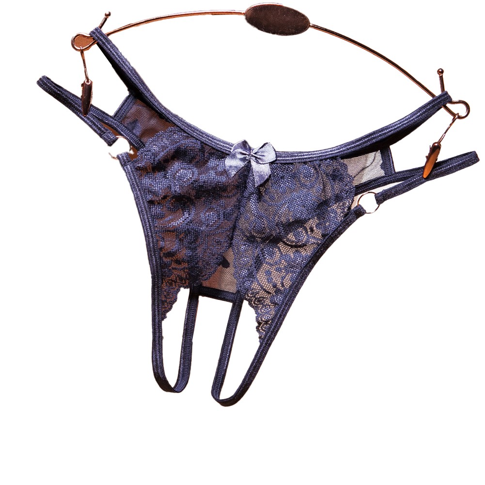 Lace Metal Ring Thong Womens Sexy Crotchless Panties with Seethrough Design - Picture 13 of 14