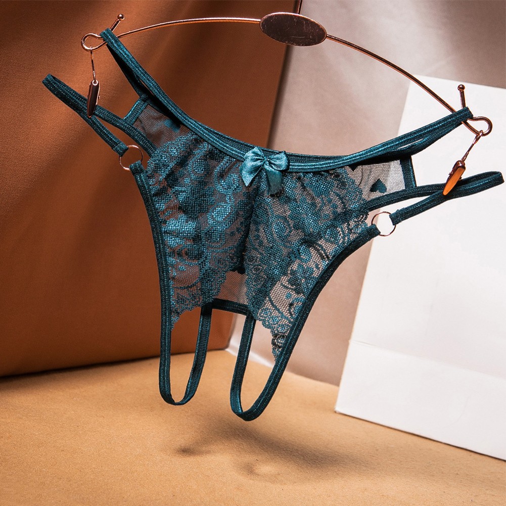 New Sexy Womens Crotchless Lace Thong Metal Ring Accent Seethrough Panties - Picture 14 of 14