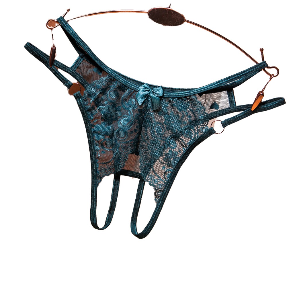 New Sexy Womens Crotchless Lace Thong Metal Ring Accent Seethrough Panties - Picture 13 of 14