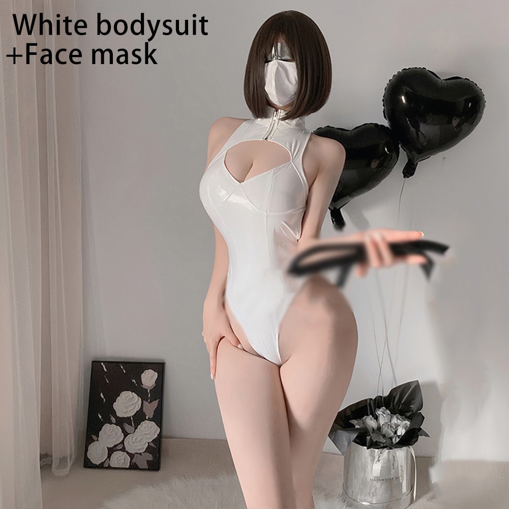 Stylish Two Dimensional Crotchless Bodysuit for Women in Patent Leather