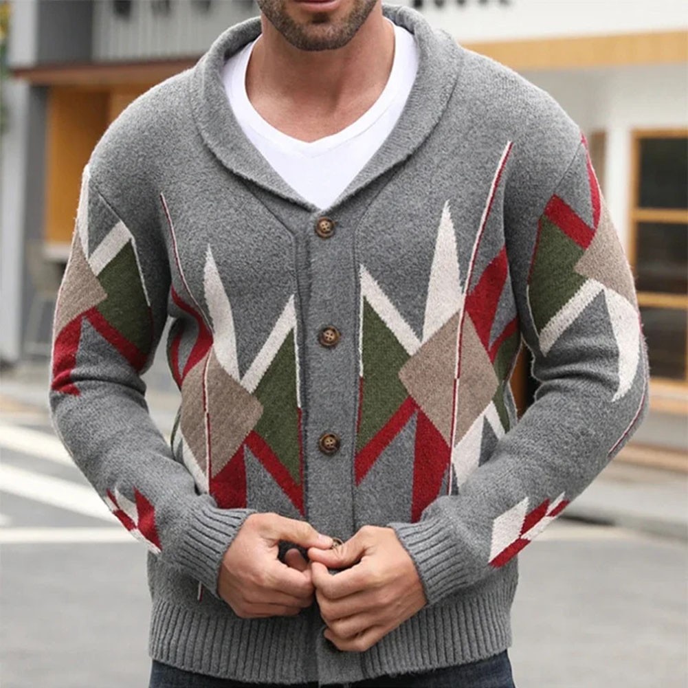Fashion Cardigan Mens Jacquard Jacket Vintage Sweater Regular Length Holiday - Picture 23 of 72