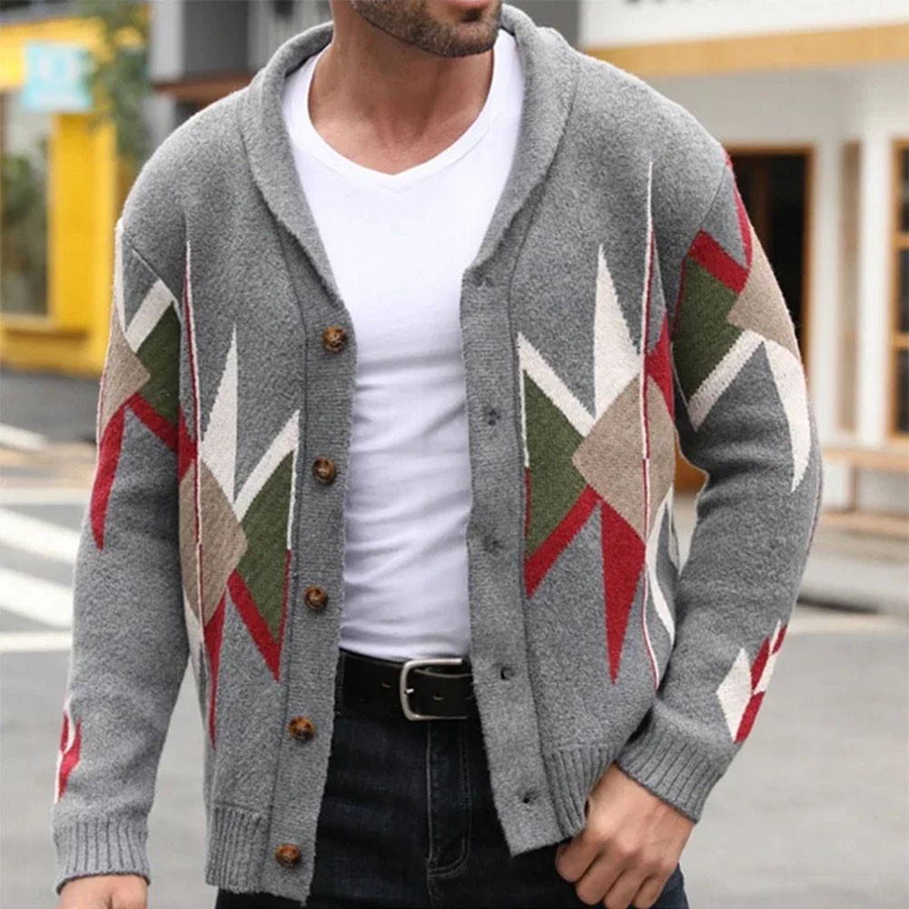 Fashion Cardigan Mens Jacquard Jacket Vintage Sweater Regular Length Holiday - Picture 18 of 72
