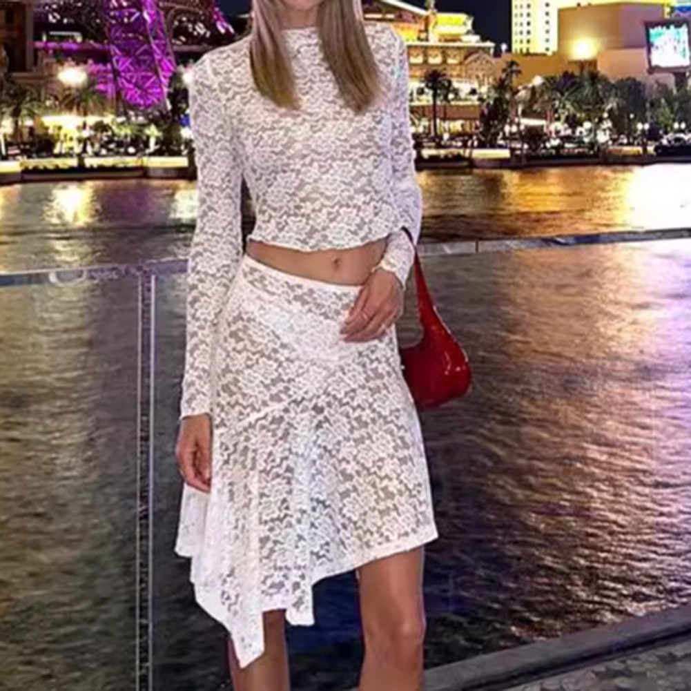 Women's Hollow Round Neck Lace Slim Fit Hip Skirt Suit with Long Sleeve T Shirt
