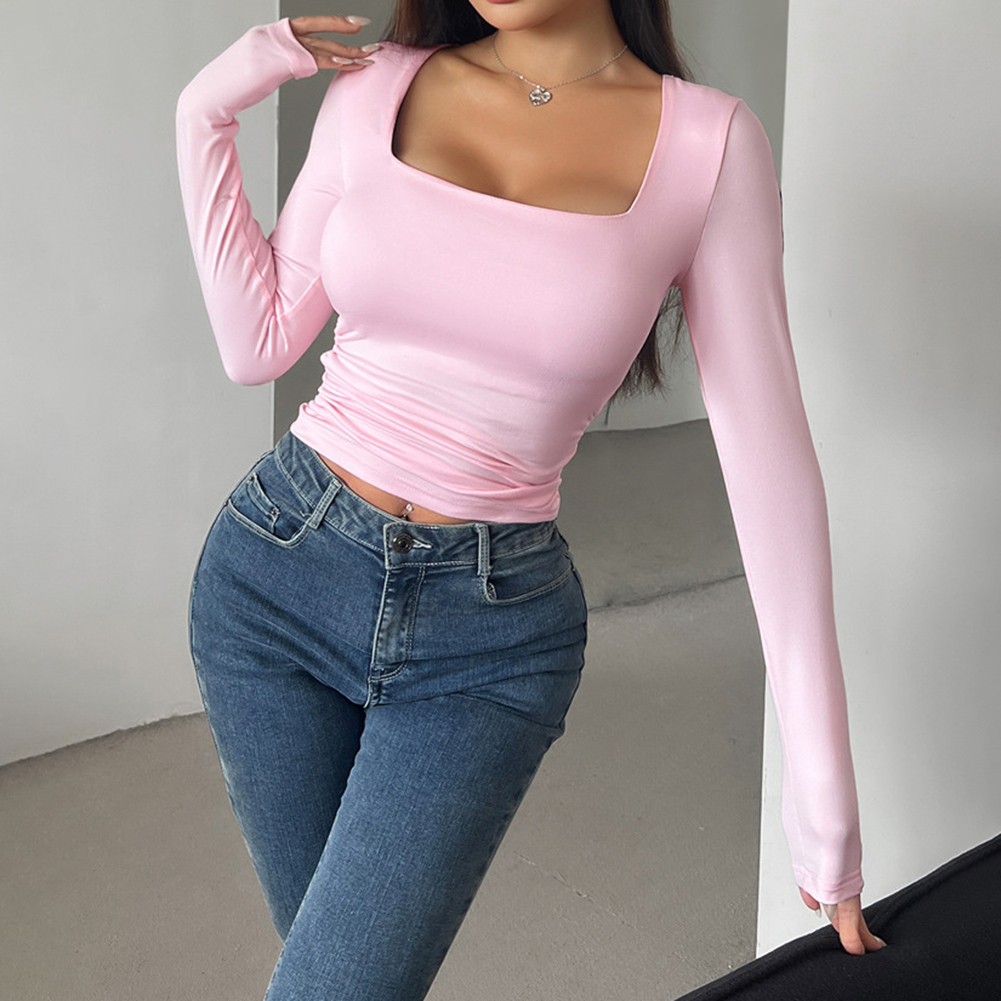 Stylish Everyday Wear Slim Fit Womens Long Sleeve Square Neck Casual Tops - Picture 44 of 49